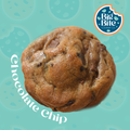 Chocolate chip cookie with 'Big Bite Cookie Co' logo on a teal background